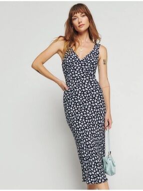 Reformation Beauden Floral Midi Dress Navy Daisy